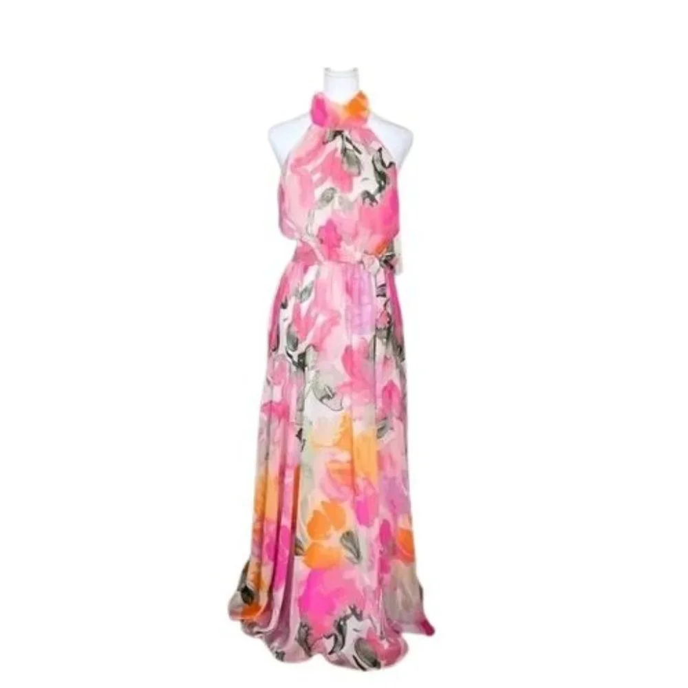 eliza j belted chiffon halter maxi dress Eliza J Belted Chiffon Halter Maxi Dress